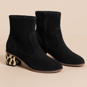 CREVO Black Suede Ankle Boots with Leopard Calf Hair Heel – Size 9